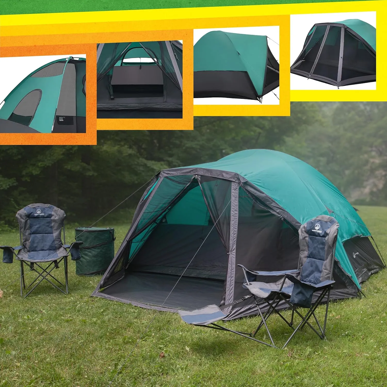6 Person Camping Tent - Water-Resistant Cabin Style Outdoor Shelter with Built-in Screen Tent and Carrying Bag by Wakeman Outdoors