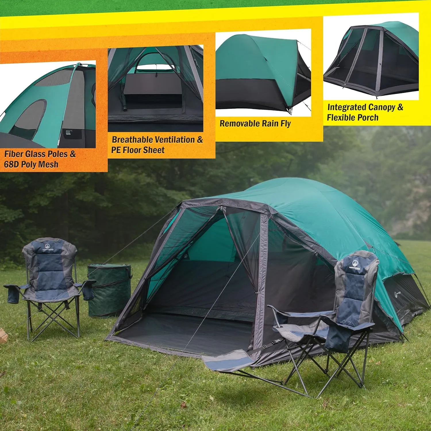 6 Person Camping Tent - Water-Resistant Cabin Style Outdoor Shelter with Built-in Screen Tent and Carrying Bag by Wakeman Outdoors