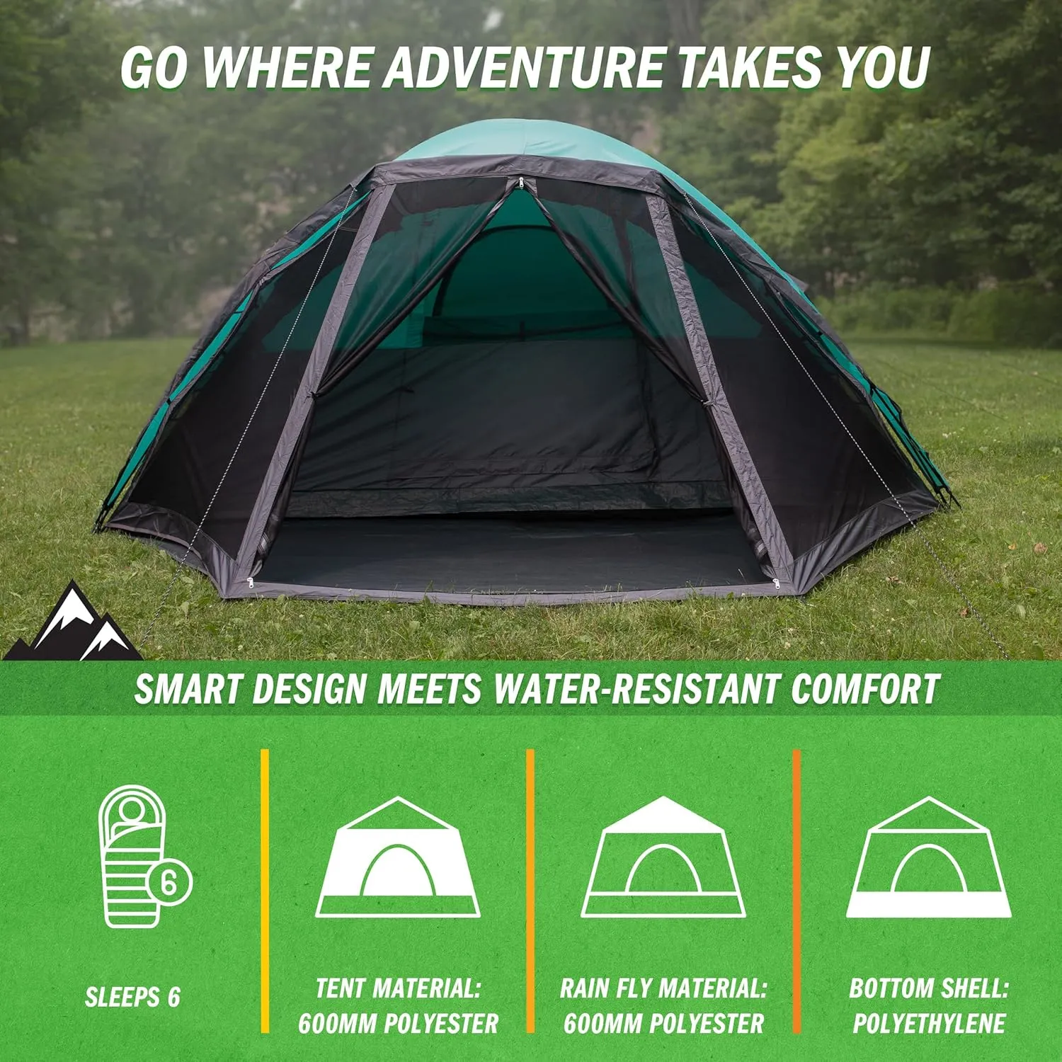 6 Person Camping Tent - Water-Resistant Cabin Style Outdoor Shelter with Built-in Screen Tent and Carrying Bag by Wakeman Outdoors