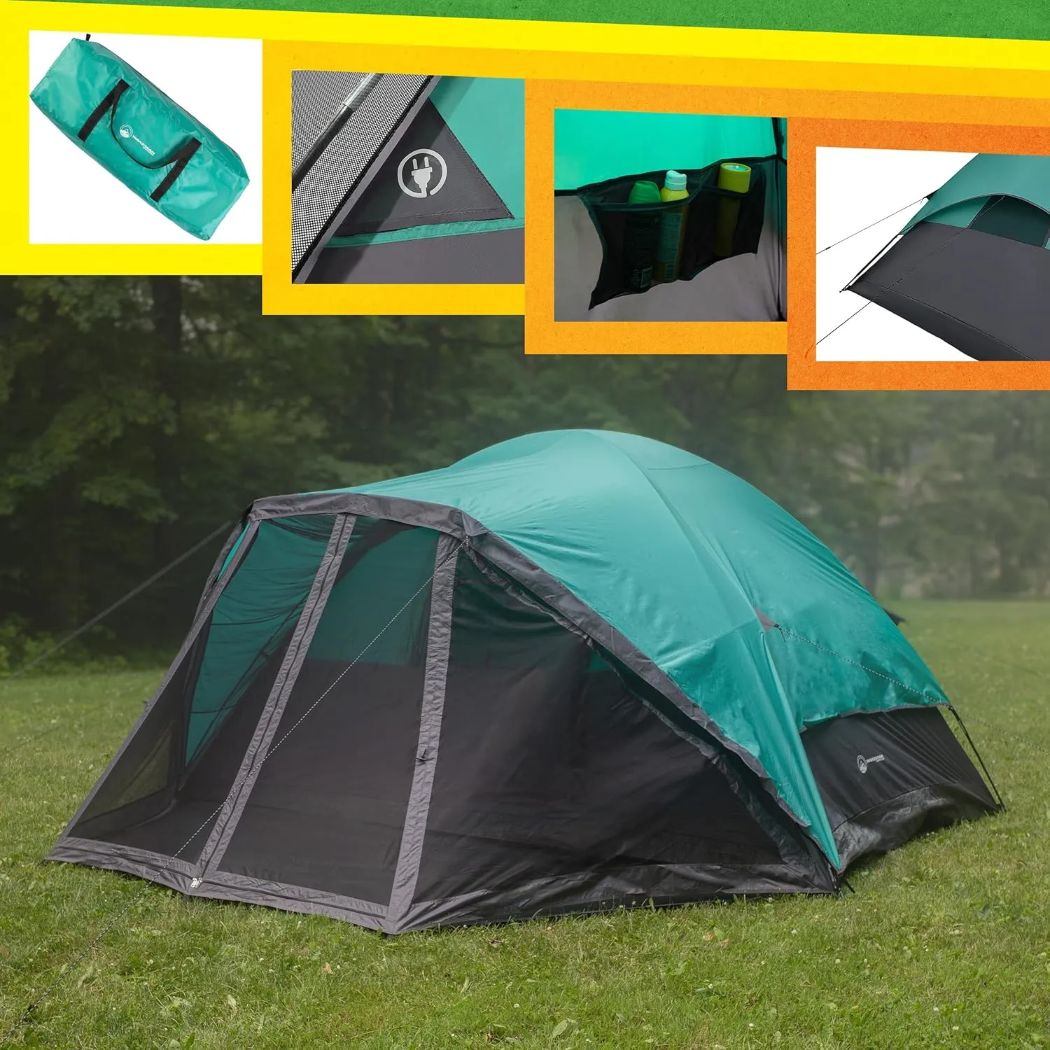 6 Person Camping Tent - Water-Resistant Cabin Style Outdoor Shelter with Built-in Screen Tent and Carrying Bag by Wakeman Outdoors