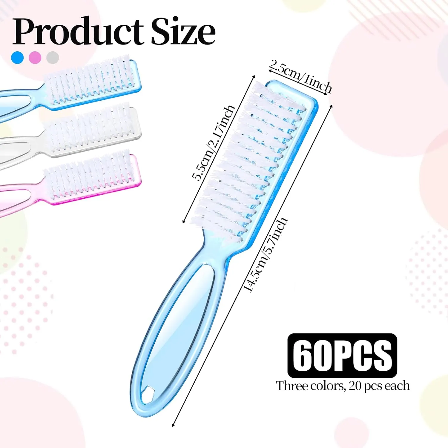 60 Pcs Nail Scrubber Brush Set, Fingernails Manicure Brushes Handle Grip Nail Dust Brush Pedicure Cleaning Brushes for Toes and Nails, 3 Colors