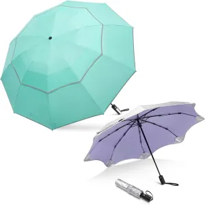 62" Windproof Inverted Umbrella with Reflective Stripe Large Compact Reverse Golf Umbrella for Rain 10 Ribs Double Canopy   46" Round-Corner Sun Travel Umbrella, UPF 50  UV Protection Windproof