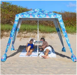 6x6 Easy Up Cabana – Sun Shelter with Privacy Wall, Canopy with Umbrella Table Tray, Towel Hanger & Sand Anchor (Flowers)