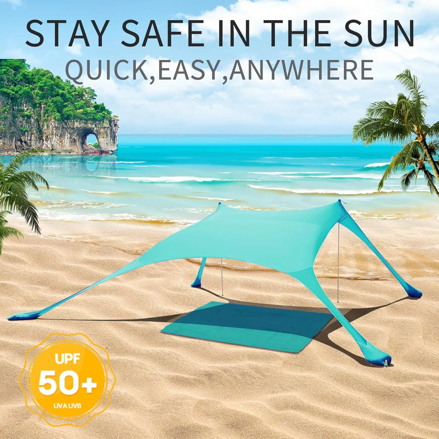 7×7 FT Beach Tent Sun Shelter UPF50  UV Protection, Outdoor Canopy Tent Sun Shade with 2 Poles for Camping, Beach, Fishing, Backyard and Picnics