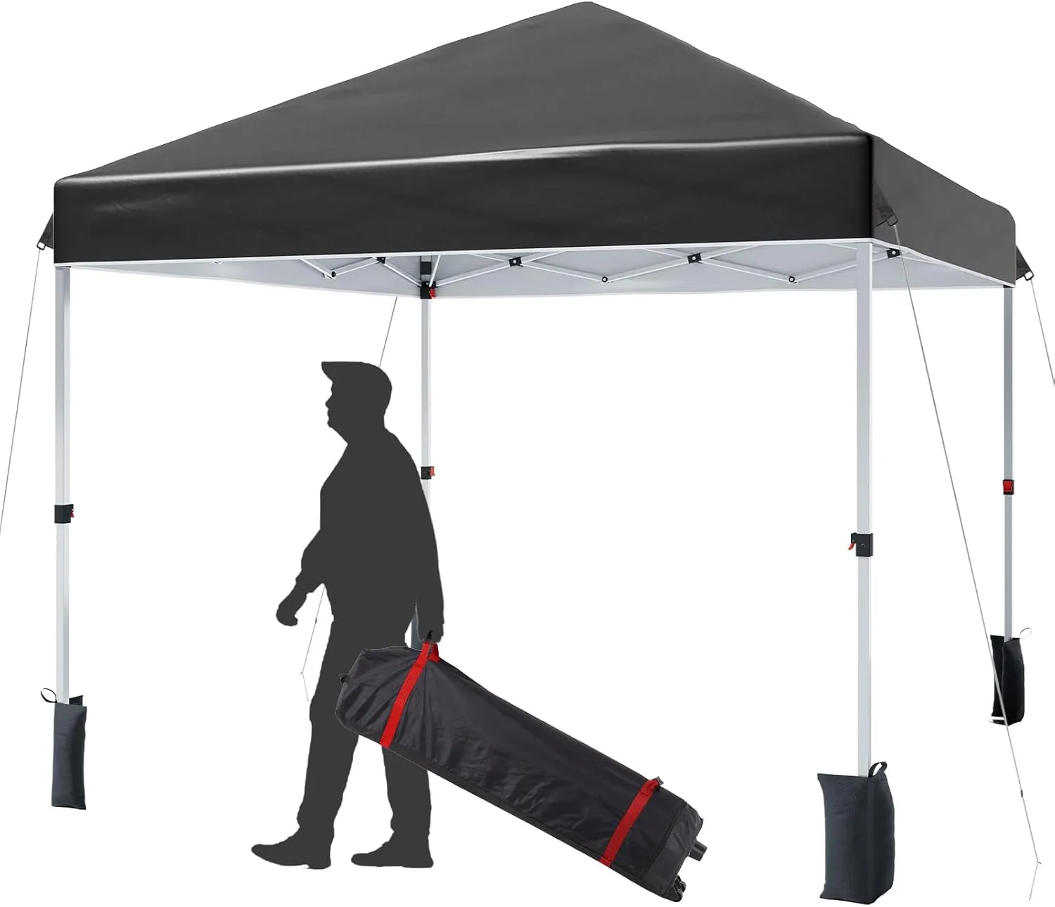 8 * 8FT Pop Up Canopy Tent for One Person Setup,Instant Portable Commercial Canopy Tent,Outdoor Easy Up Tent w/1-Button Push,Wheeled Bag,4 Sandbags,Bonus 8 Stakes and 4 Ropes-Black