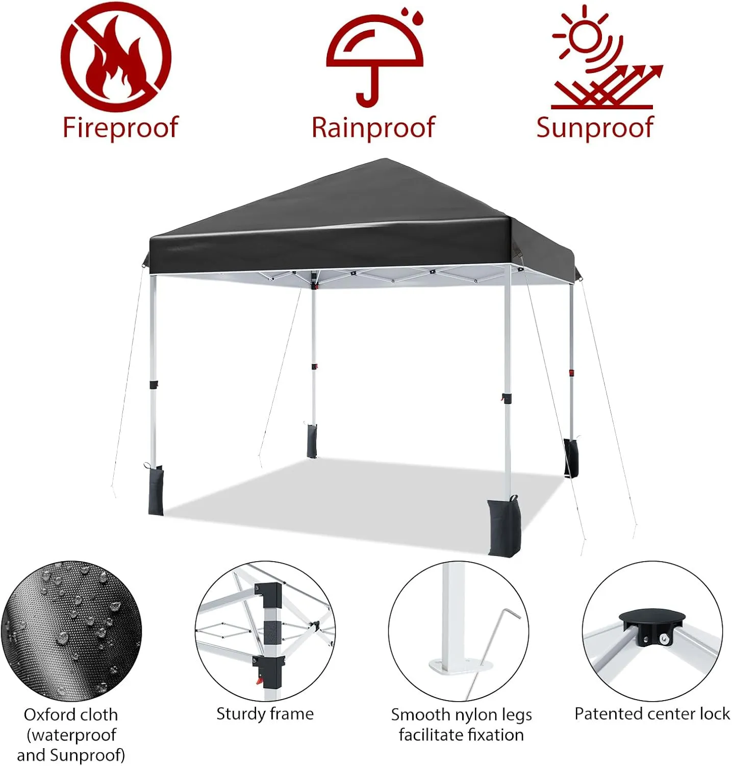 8 * 8FT Pop Up Canopy Tent for One Person Setup,Instant Portable Commercial Canopy Tent,Outdoor Easy Up Tent w/1-Button Push,Wheeled Bag,4 Sandbags,Bonus 8 Stakes and 4 Ropes-Black