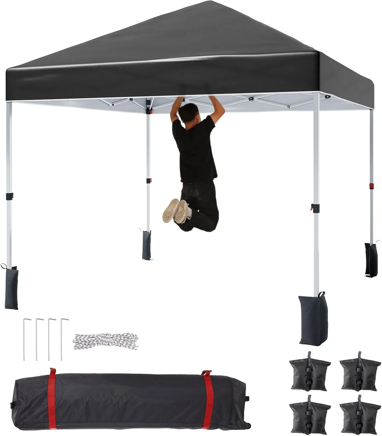8 * 8FT Pop Up Canopy Tent for One Person Setup,Instant Portable Commercial Canopy Tent,Outdoor Easy Up Tent w/1-Button Push,Wheeled Bag,4 Sandbags,Bonus 8 Stakes and 4 Ropes-Black