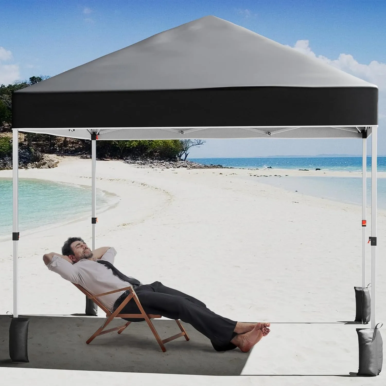 8 * 8FT Pop Up Canopy Tent for One Person Setup,Instant Portable Commercial Canopy Tent,Outdoor Easy Up Tent w/1-Button Push,Wheeled Bag,4 Sandbags,Bonus 8 Stakes and 4 Ropes-Black