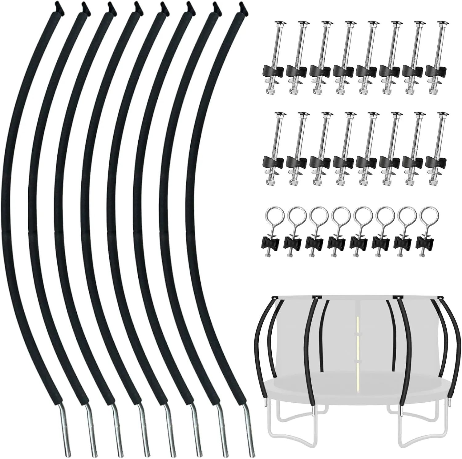 8 Sets Trampoline Curved Pole Replacement, Universal Curved Enclosure Poles for 12-16ft Frame, with Plastic T Connector, Mounting Hardware, Foam Cover Padding