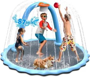 87'' Splash Pad, Non-Slip Sprinkler Mat with Basketball Hoop and Arch for Kids Outdoor Play, Shoot Game for Backyard, Inflatable Water Toys More Fun for Boys and Girls