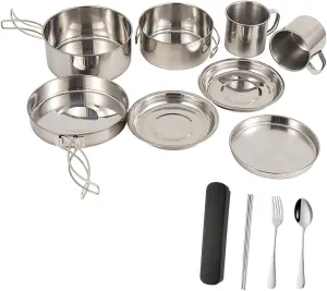 8Pcs Camping Cookware Set, Outdoor Camping Tableware Stainless Steel Portable Cooking Kit with Pan Pot Plate Cup for Camping Picnic Hiking