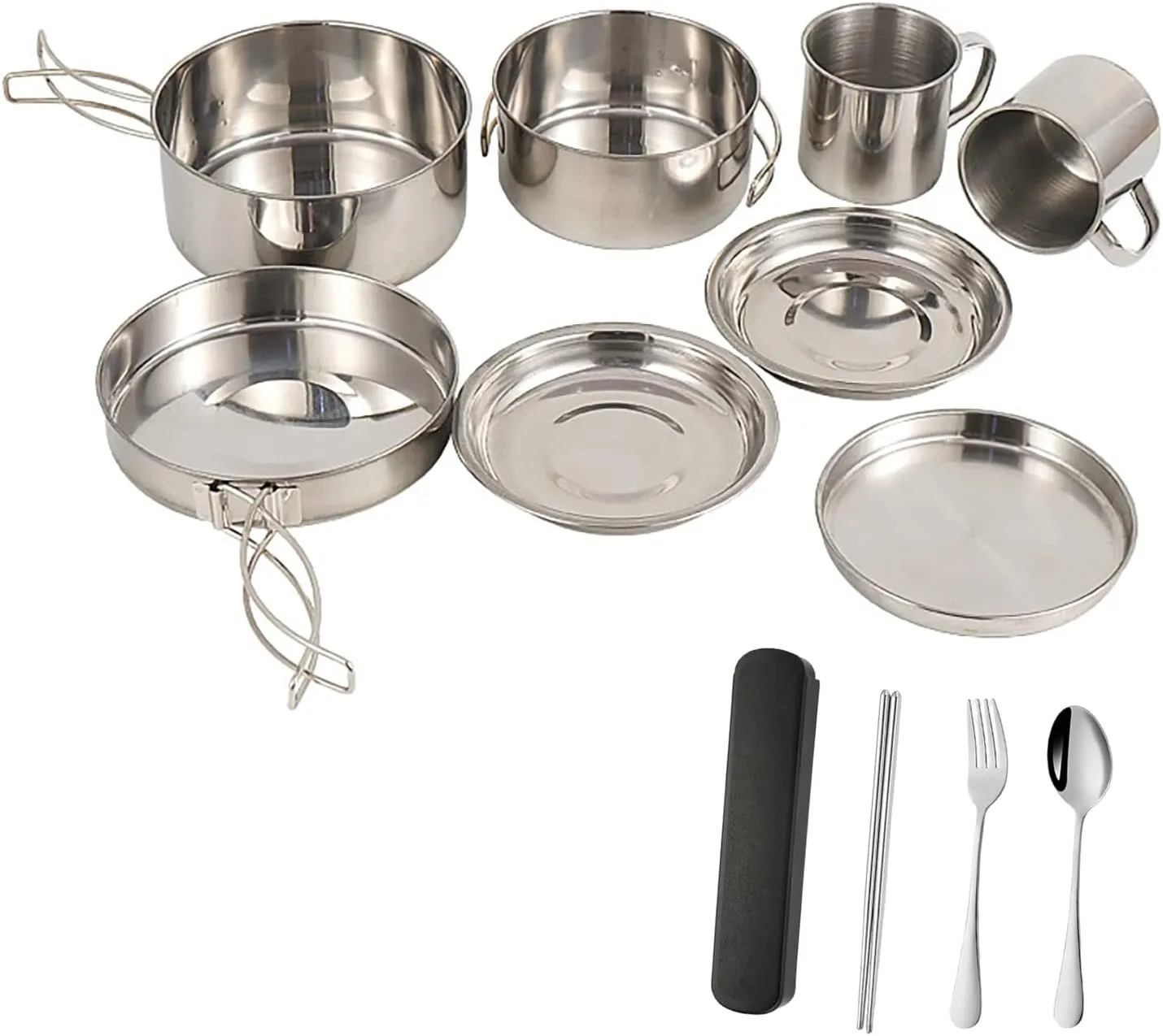 8Pcs Camping Cookware Set, Outdoor Camping Tableware Stainless Steel Portable Cooking Kit with Pan Pot Plate Cup for Camping Picnic Hiking