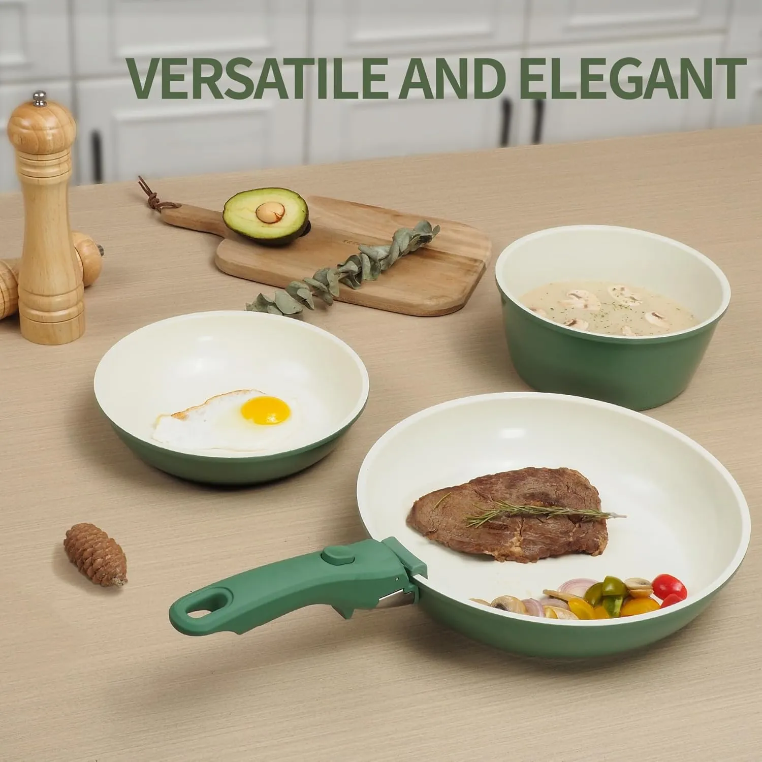 8PCS Ceramic Cookware,Nonstick Ceramic Pan, Removable Handle Pots and Pans Set, Stackable Set, Nonstick Pan Pots and Pans Set Non Stick pot (Green)