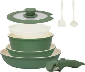 8PCS Ceramic Cookware,Nonstick Ceramic Pan, Removable Handle Pots and Pans Set, Stackable Set, Nonstick Pan Pots and Pans Set Non Stick pot (Green)