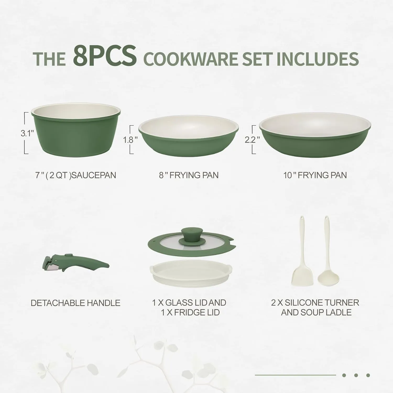 8PCS Ceramic Cookware,Nonstick Ceramic Pan, Removable Handle Pots and Pans Set, Stackable Set, Nonstick Pan Pots and Pans Set Non Stick pot (Green)