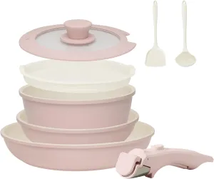 8PCS Ceramic Cookware,Nonstick Pan, Removable Handle Ceramic Pots and Pans Set, Stackable Set, Nonstick Pan Pots and Pans Set Non Stick pot(Pink)