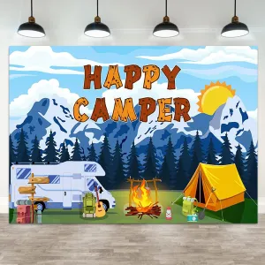 8x6ft Happy Camping Backdrop Mountain Forest Scene Photography Background Campfire Camper Tent Blue Sky Sun Car Birthday Party Banner Decorations Hiking Climbing Adventure Photo Booth Prop