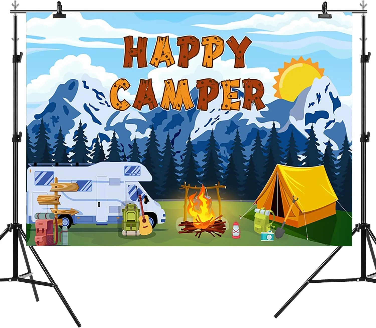 8x6ft Happy Camping Backdrop Mountain Forest Scene Photography Background Campfire Camper Tent Blue Sky Sun Car Birthday Party Banner Decorations Hiking Climbing Adventure Photo Booth Prop