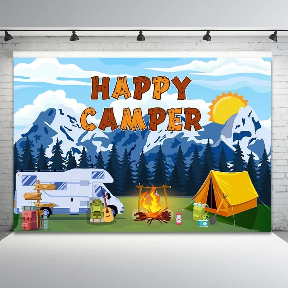 8x6ft Happy Camping Backdrop Mountain Forest Scene Photography Background Campfire Camper Tent Blue Sky Sun Car Birthday Party Banner Decorations Hiking Climbing Adventure Photo Booth Prop