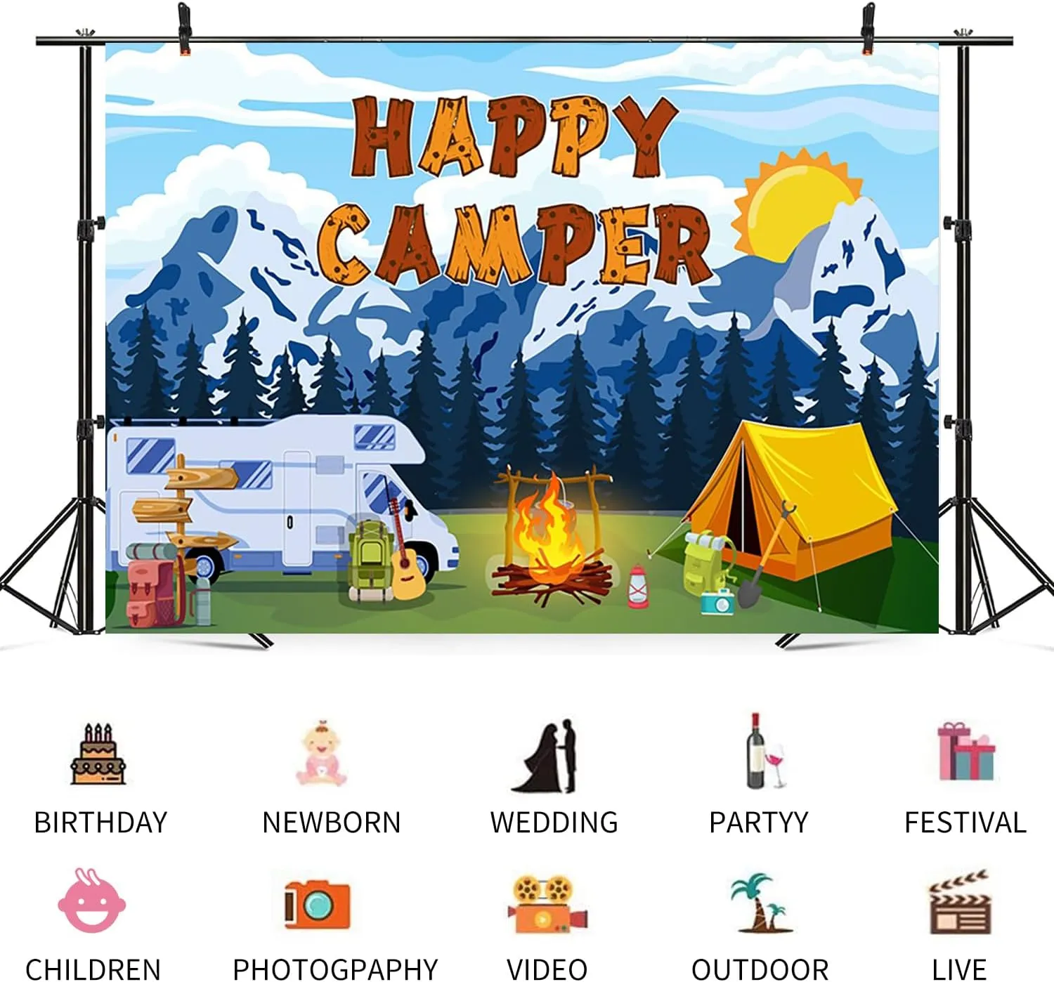 8x6ft Happy Camping Backdrop Mountain Forest Scene Photography Background Campfire Camper Tent Blue Sky Sun Car Birthday Party Banner Decorations Hiking Climbing Adventure Photo Booth Prop
