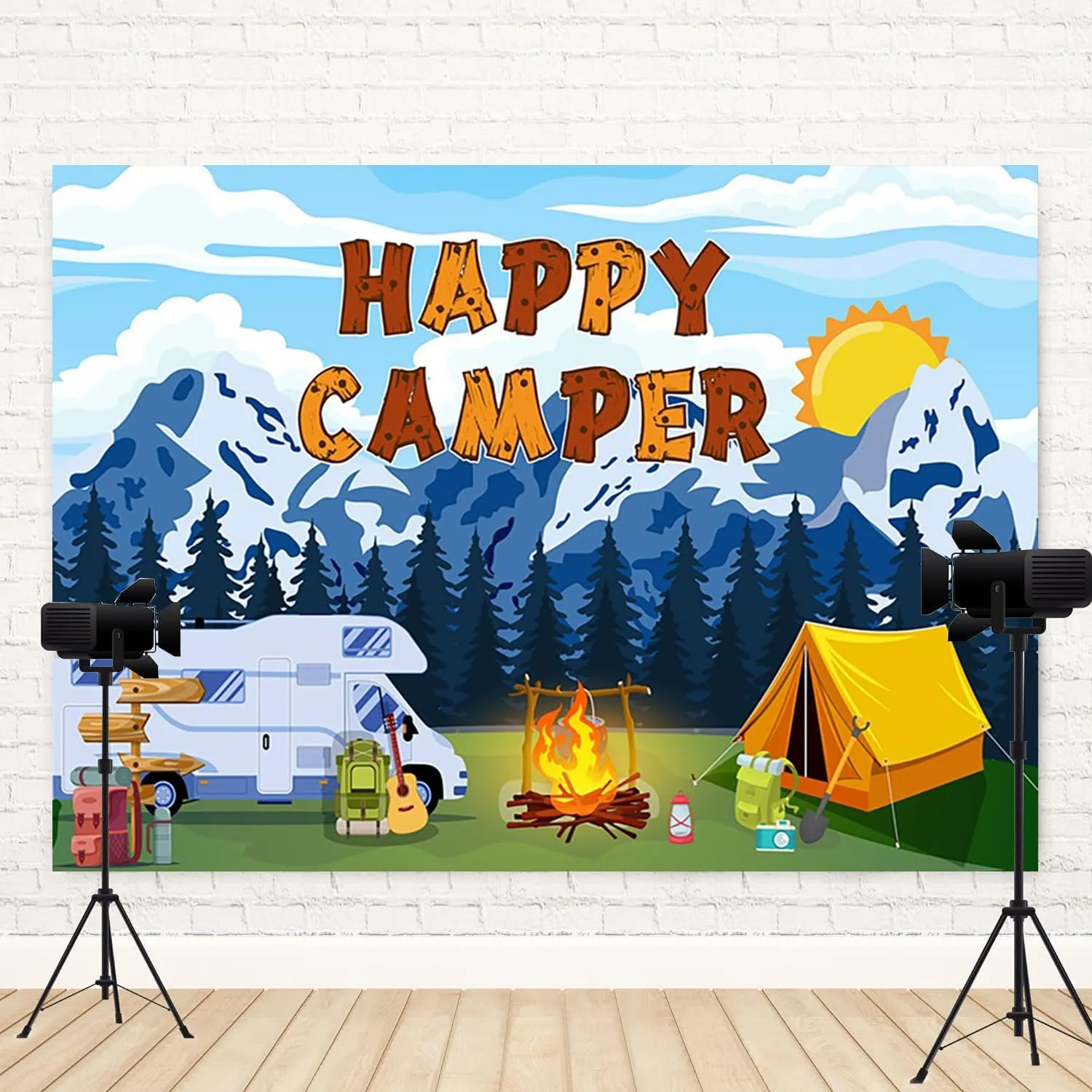 8x6ft Happy Camping Backdrop Mountain Forest Scene Photography Background Campfire Camper Tent Blue Sky Sun Car Birthday Party Banner Decorations Hiking Climbing Adventure Photo Booth Prop