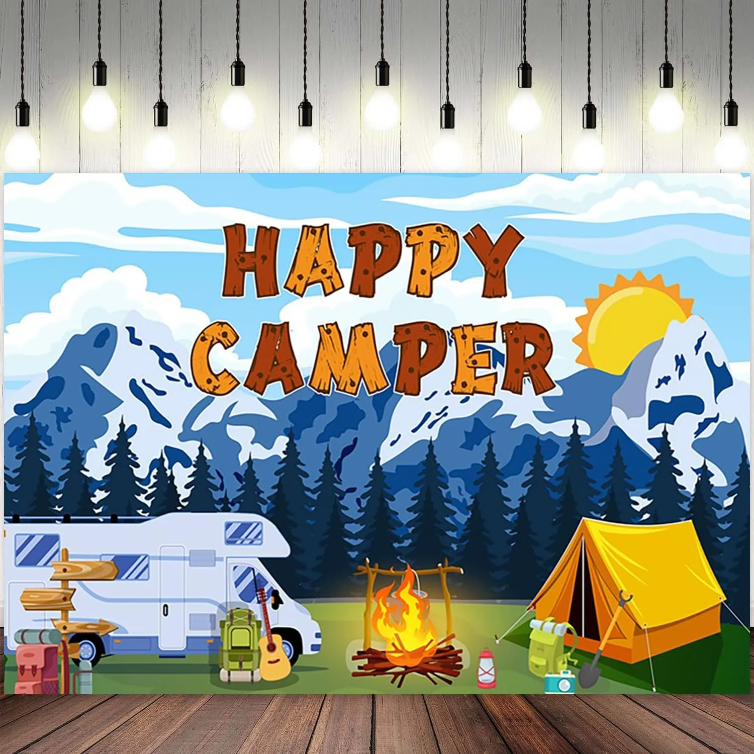 8x6ft Happy Camping Backdrop Mountain Forest Scene Photography Background Campfire Camper Tent Blue Sky Sun Car Birthday Party Banner Decorations Hiking Climbing Adventure Photo Booth Prop
