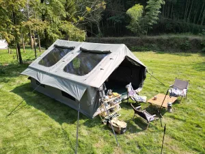 9.8 x13ft Inflatable Camping Tents with Hand Pump Air Glamping Easy Setup and Windproof Blow up Tent 4 Seasons Oxford Cabin with Mesh & Chimney Window, Army Green, Easy Pitch Shelter
