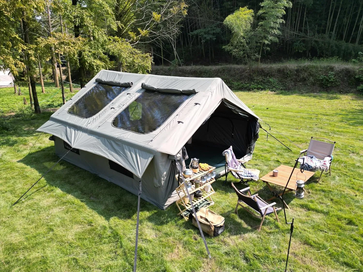 9.8 x13ft Inflatable Camping Tents with Hand Pump Air Glamping Easy Setup and Windproof Blow up Tent 4 Seasons Oxford Cabin with Mesh & Chimney Window, Army Green, Easy Pitch Shelter