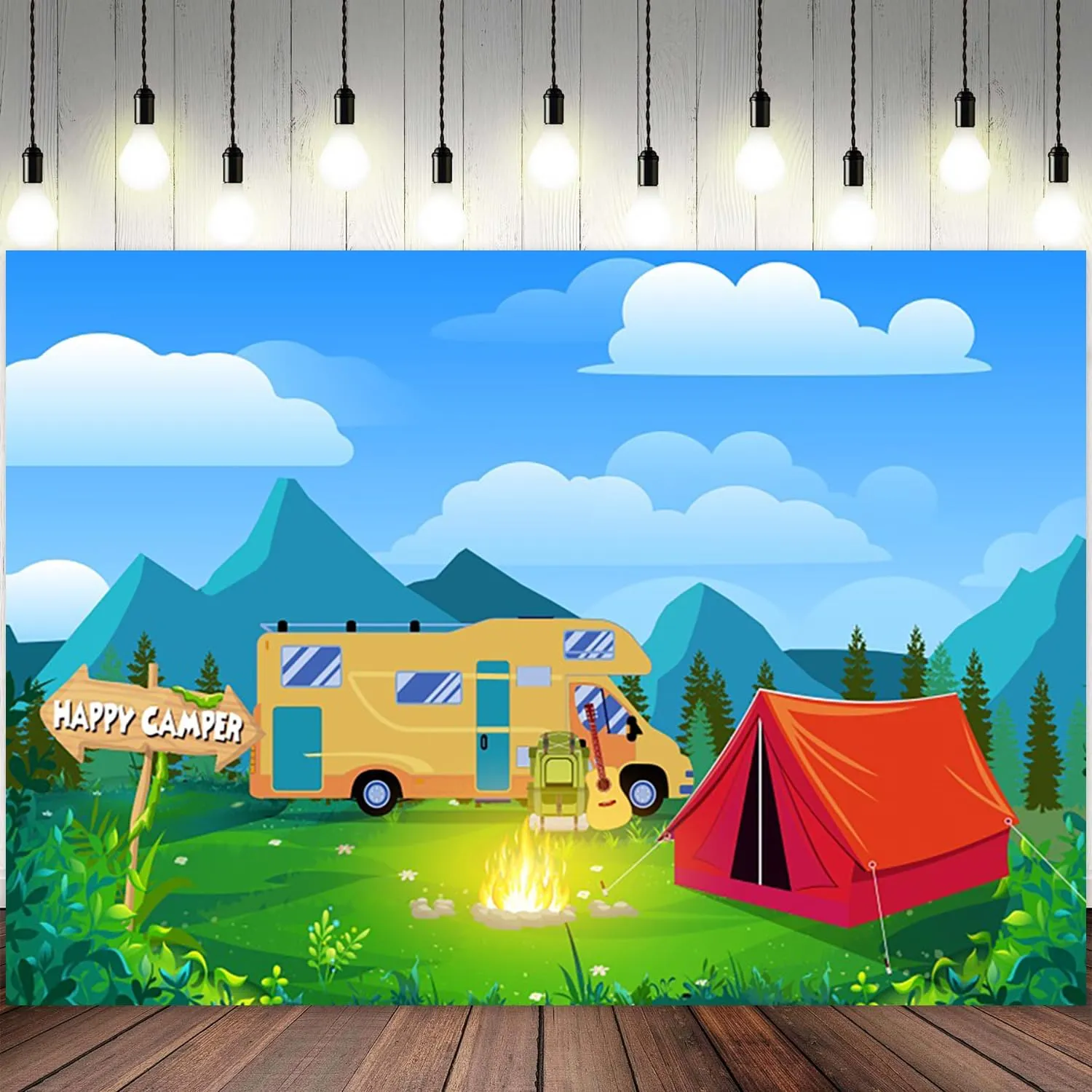 9x6ft Happy Camping Backdrop Mountain Forest Camper Tent Photography Background Campfire Blue Sky White Cloud Car Birthday Party Banner Decorations Hiking Climbing Adventure Photo Booth Prop