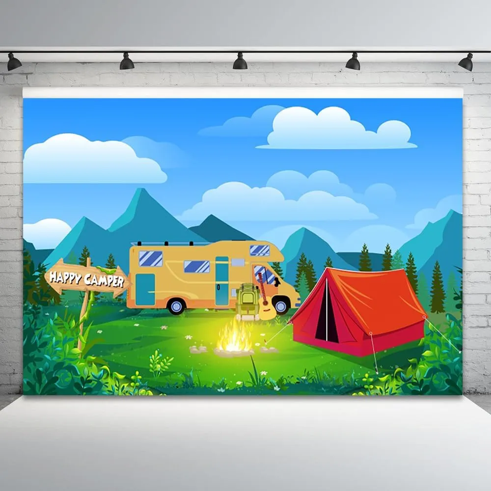 9x6ft Happy Camping Backdrop Mountain Forest Camper Tent Photography Background Campfire Blue Sky White Cloud Car Birthday Party Banner Decorations Hiking Climbing Adventure Photo Booth Prop