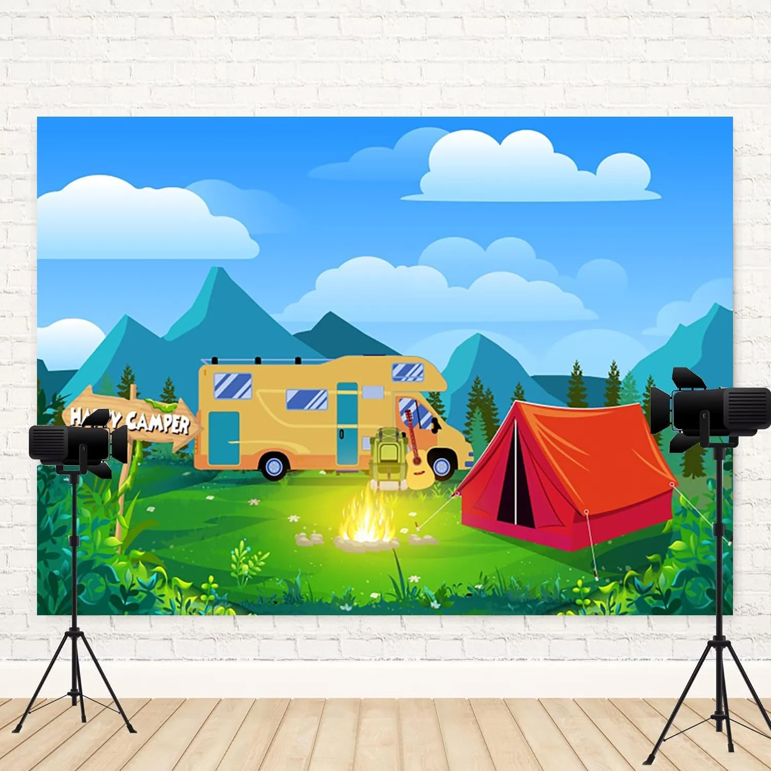 9x6ft Happy Camping Backdrop Mountain Forest Camper Tent Photography Background Campfire Blue Sky White Cloud Car Birthday Party Banner Decorations Hiking Climbing Adventure Photo Booth Prop