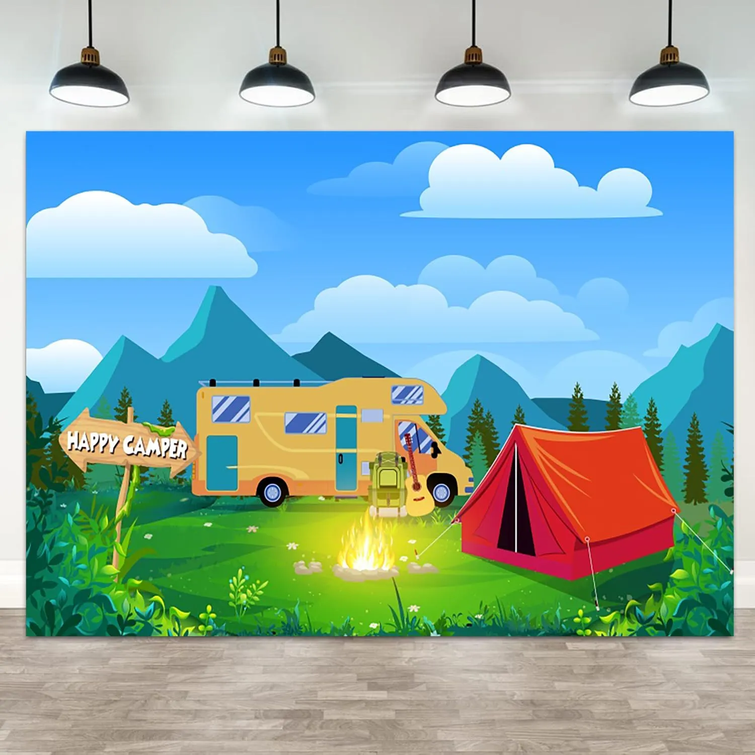 9x6ft Happy Camping Backdrop Mountain Forest Camper Tent Photography Background Campfire Blue Sky White Cloud Car Birthday Party Banner Decorations Hiking Climbing Adventure Photo Booth Prop