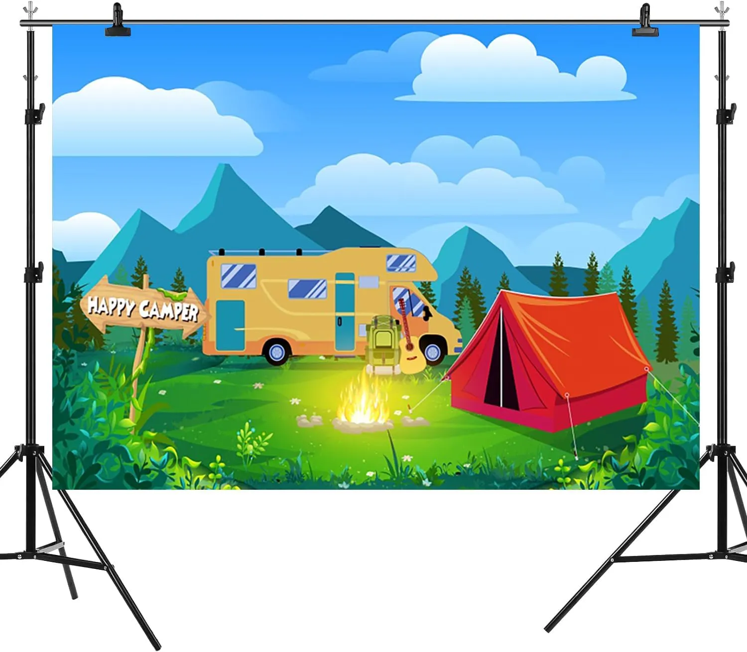 9x6ft Happy Camping Backdrop Mountain Forest Camper Tent Photography Background Campfire Blue Sky White Cloud Car Birthday Party Banner Decorations Hiking Climbing Adventure Photo Booth Prop