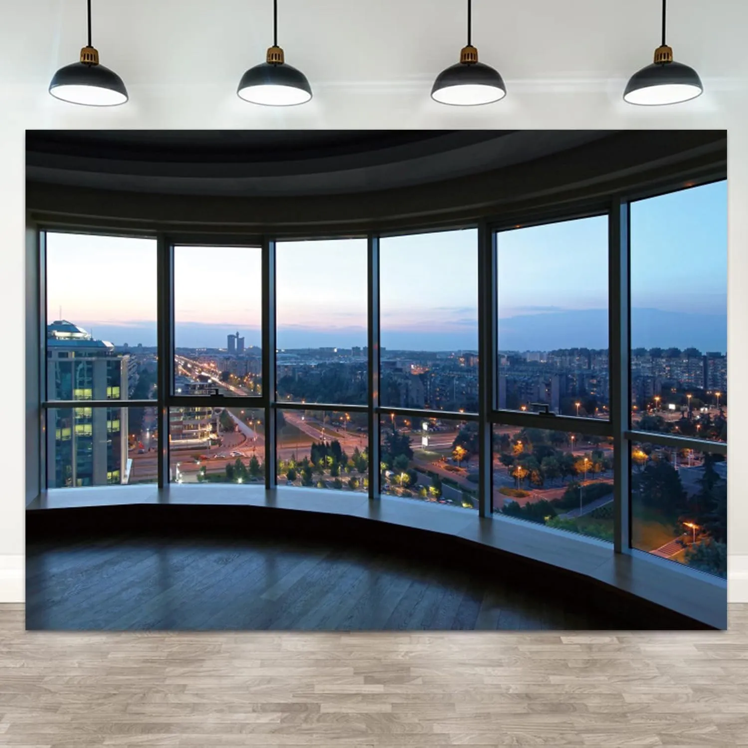 9x6ft Office Backdrop Window City View Photography Background Sunset Business Buildings Wooden Floor Online Meeting Urban Banner Decorations Video Conference Portrait Photo Booth Prop