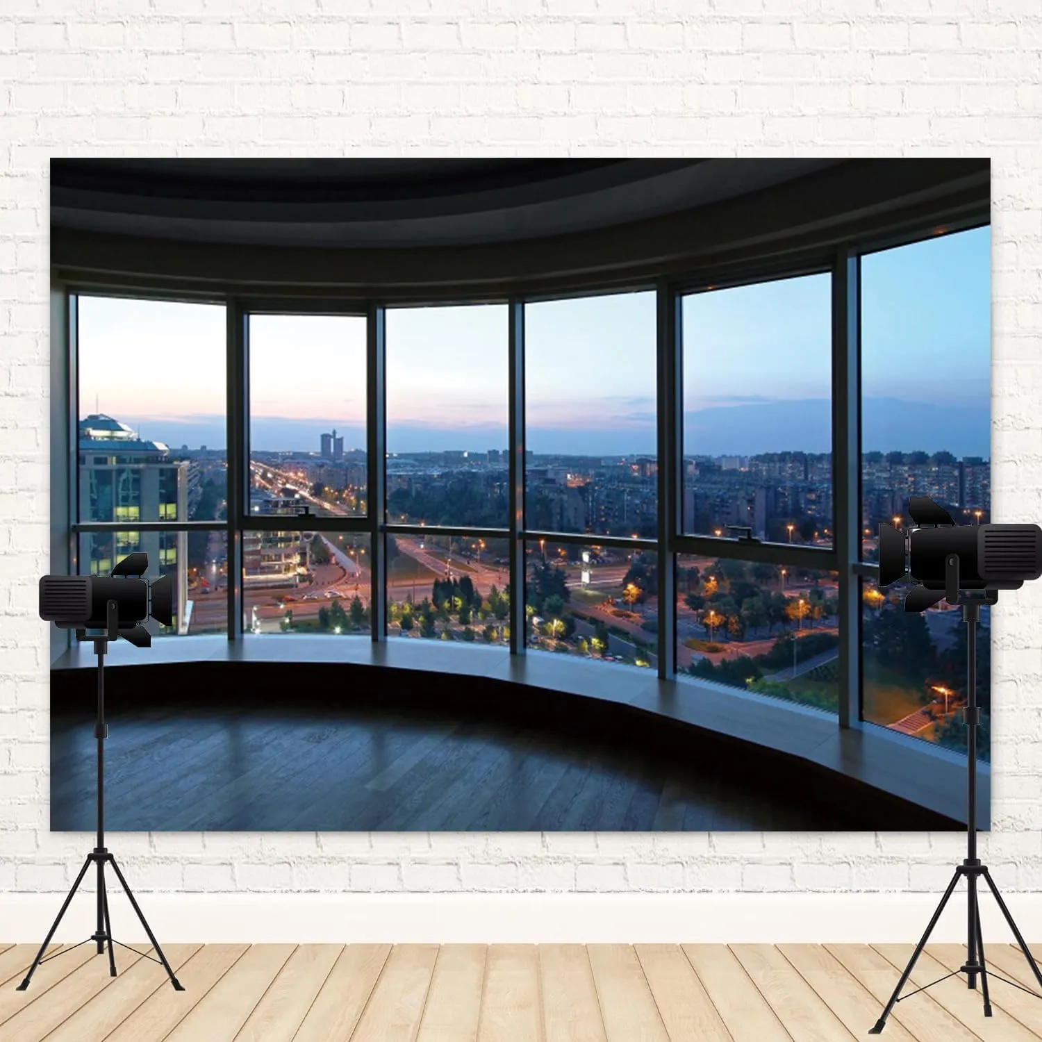 9x6ft Office Backdrop Window City View Photography Background Sunset Business Buildings Wooden Floor Online Meeting Urban Banner Decorations Video Conference Portrait Photo Booth Prop