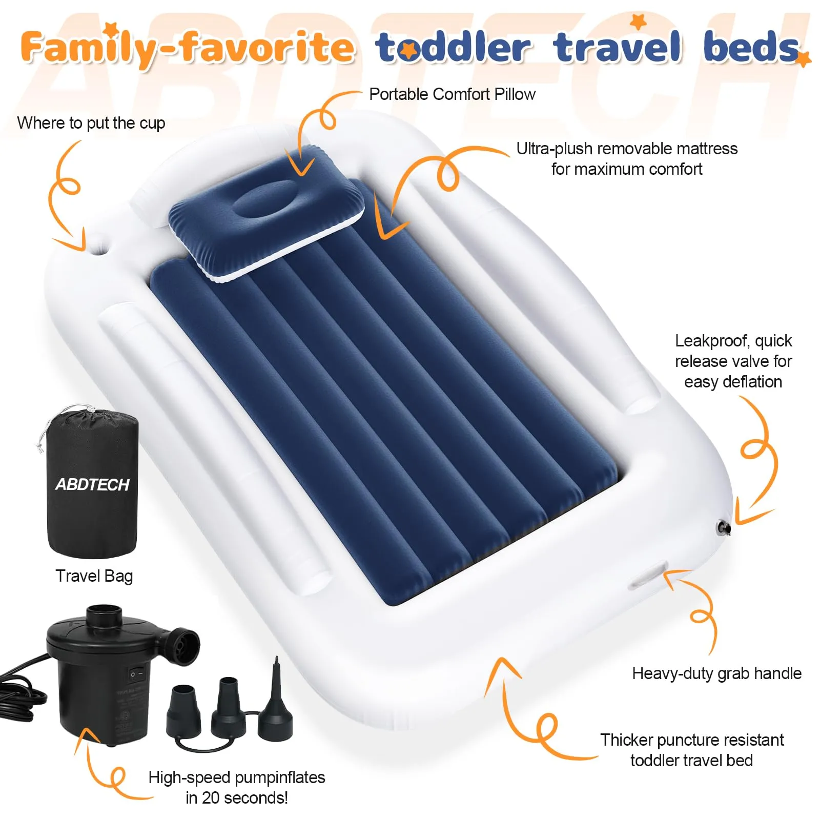 Abdtech Inflatable Toddler Travel Bed - Portable Toddler Kids Travel Bed with Safety Sides Complete Kids Air Mattress Set with High-Speed Pump, Ideal for Vacation Camping and Sleepover (60 Inches)