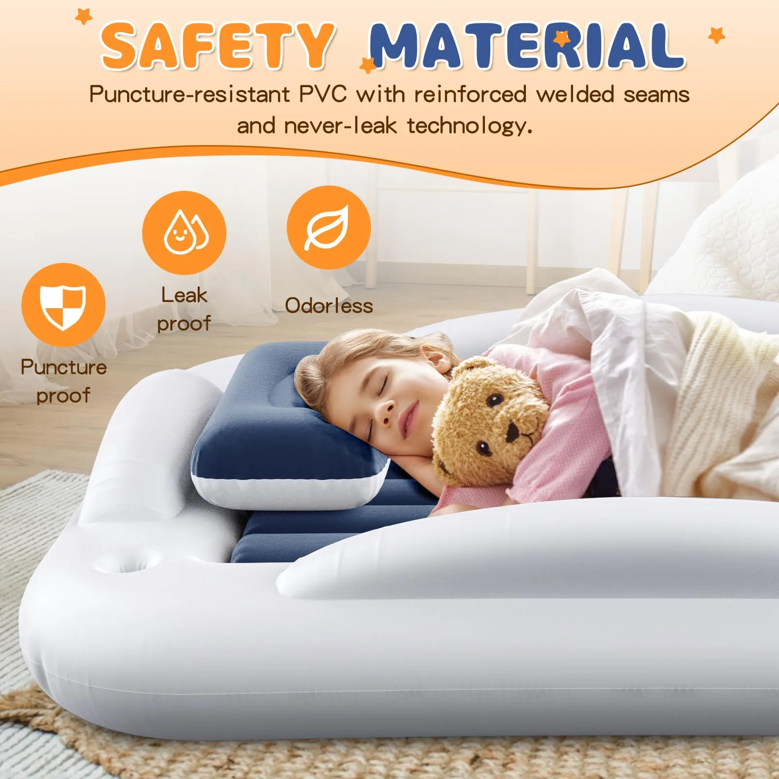 Abdtech Inflatable Toddler Travel Bed - Portable Toddler Kids Travel Bed with Safety Sides Complete Kids Air Mattress Set with High-Speed Pump, Ideal for Vacation Camping and Sleepover (60 Inches)