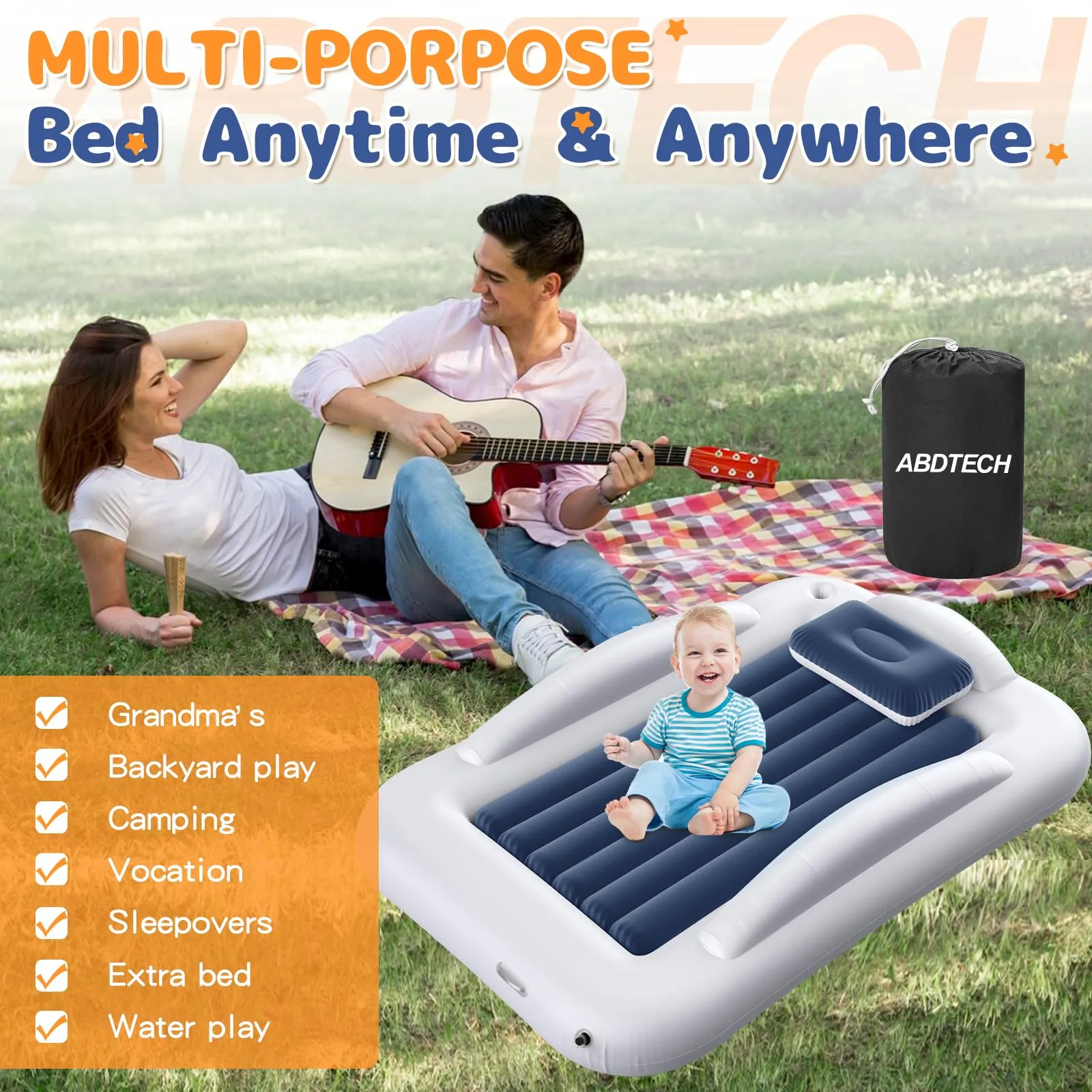 Abdtech Inflatable Toddler Travel Bed - Portable Toddler Kids Travel Bed with Safety Sides Complete Kids Air Mattress Set with High-Speed Pump, Ideal for Vacation Camping and Sleepover (60 Inches)