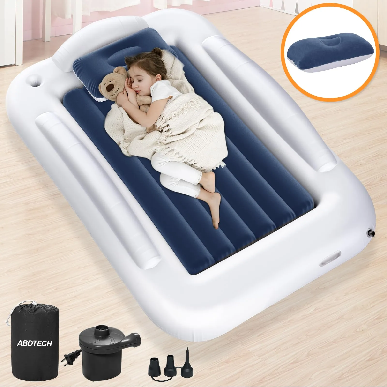 Abdtech Inflatable Toddler Travel Bed - Portable Toddler Kids Travel Bed with Safety Sides Complete Kids Air Mattress Set with High-Speed Pump, Ideal for Vacation Camping and Sleepover (60 Inches)