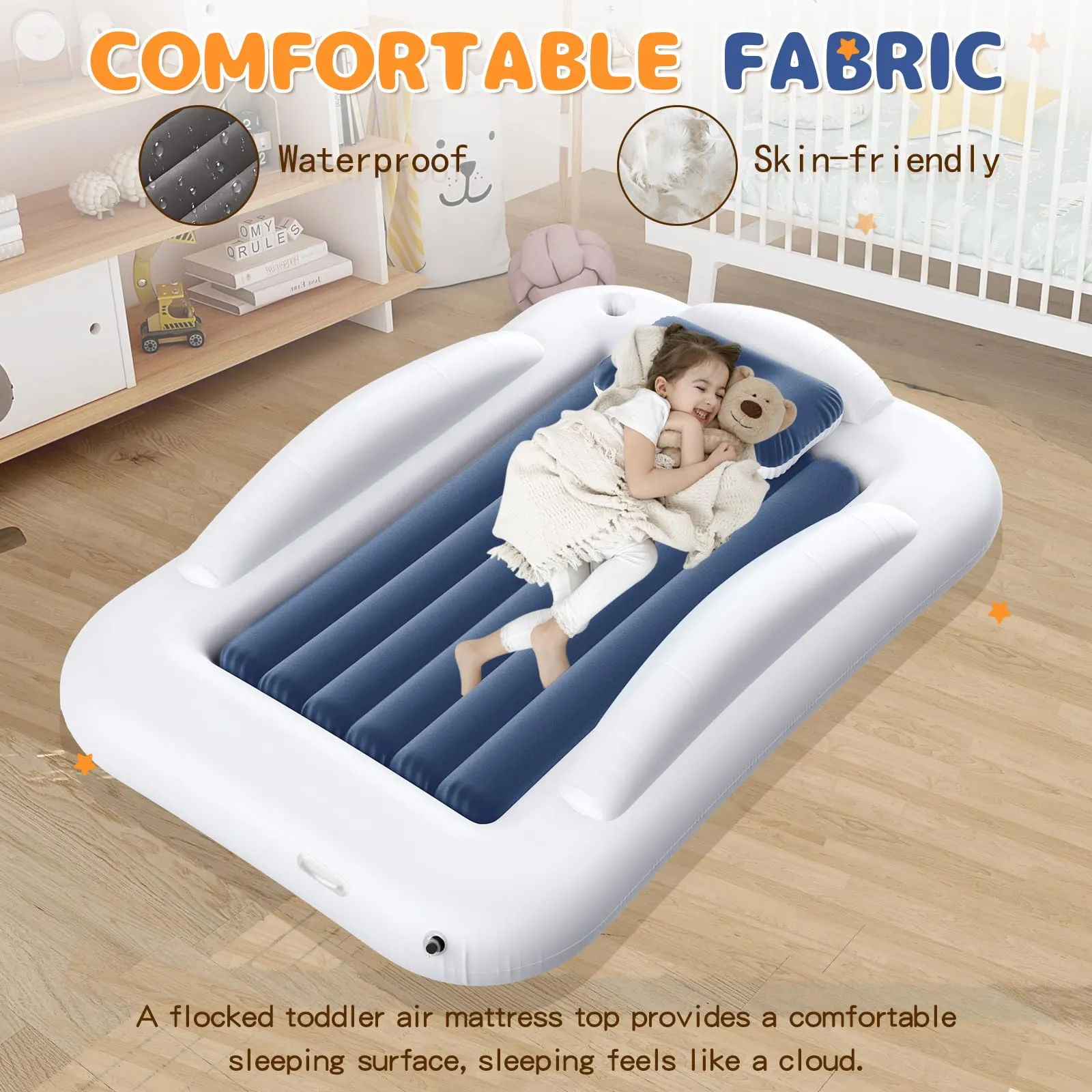 Abdtech Inflatable Toddler Travel Bed - Portable Toddler Kids Travel Bed with Safety Sides Complete Kids Air Mattress Set with High-Speed Pump, Ideal for Vacation Camping and Sleepover (60 Inches)