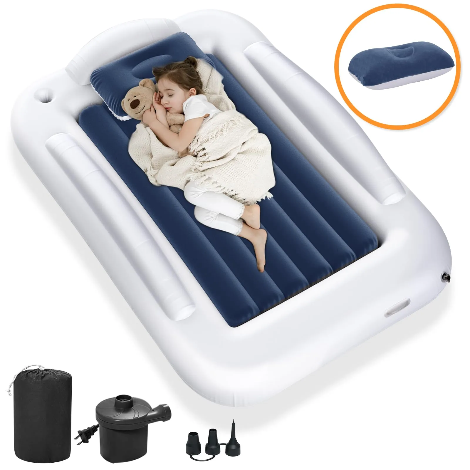 Abdtech Inflatable Toddler Travel Bed - Portable Toddler Kids Travel Bed with Safety Sides Complete Kids Air Mattress Set with High-Speed Pump, Ideal for Vacation Camping and Sleepover (60 Inches)