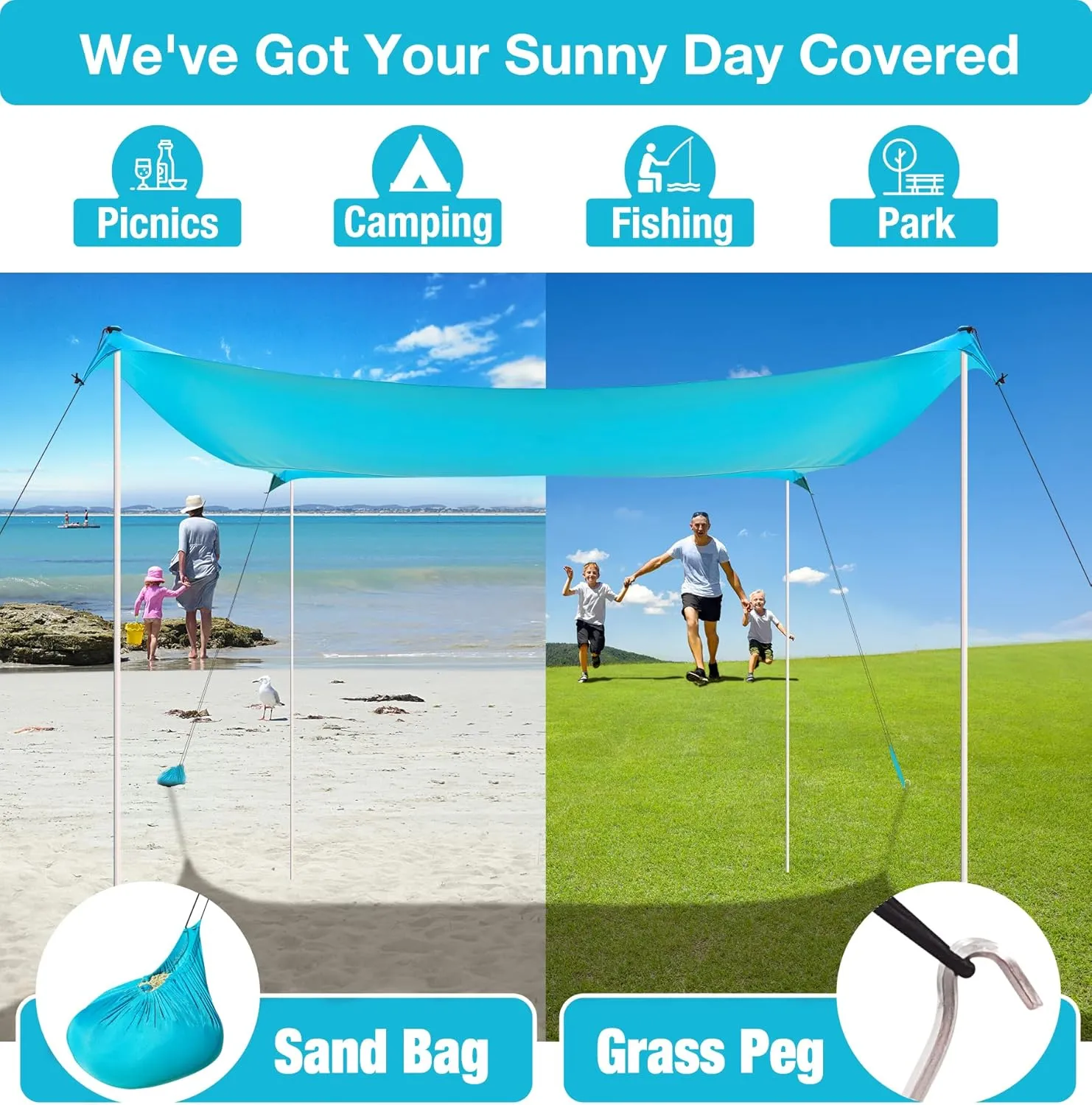 ADesign Windproof Beach Tent Sun Shelter with 8 Sandbags, Wind Resistant Large Family Beach Canopy with Sand Shovel, UPF50 , 6.5 FT Tall, Easy Setup Sun Shade for Beach Vacation