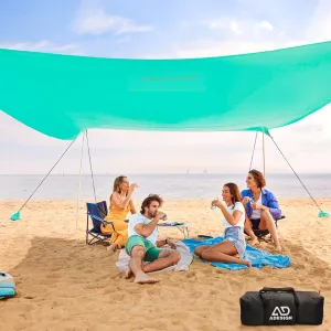 ADesign Windproof Beach Tent Sun Shelter with 8 Sandbags, Wind Resistant Large Family Beach Canopy with Sand Shovel, UPF50 , 6.5 FT Tall, Easy Setup Sun Shade for Beach Vacation