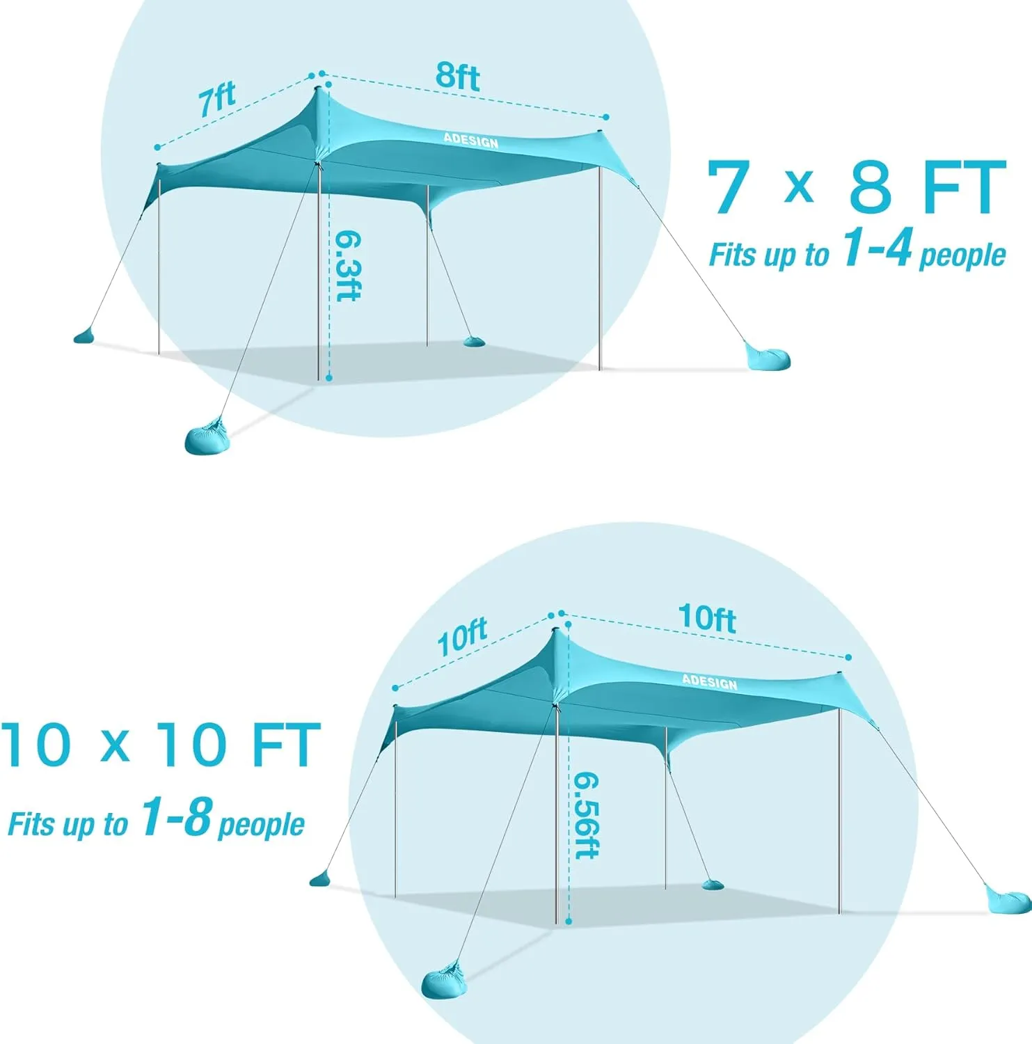 ADesign Windproof Beach Tent Sun Shelter with 8 Sandbags, Wind Resistant Large Family Beach Canopy with Sand Shovel, UPF50 , 6.5 FT Tall, Easy Setup Sun Shade for Beach Vacation