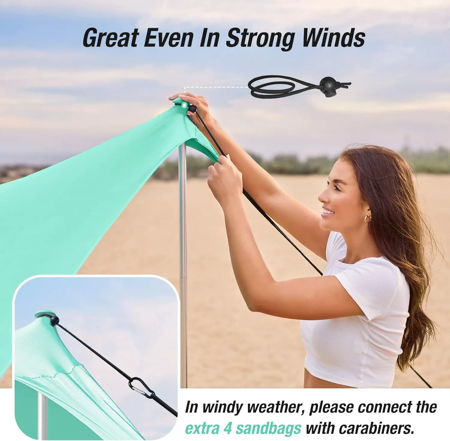 ADesign Windproof Beach Tent Sun Shelter with 8 Sandbags, Wind Resistant Large Family Beach Canopy with Sand Shovel, UPF50 , 6.5 FT Tall, Easy Setup Sun Shade for Beach Vacation