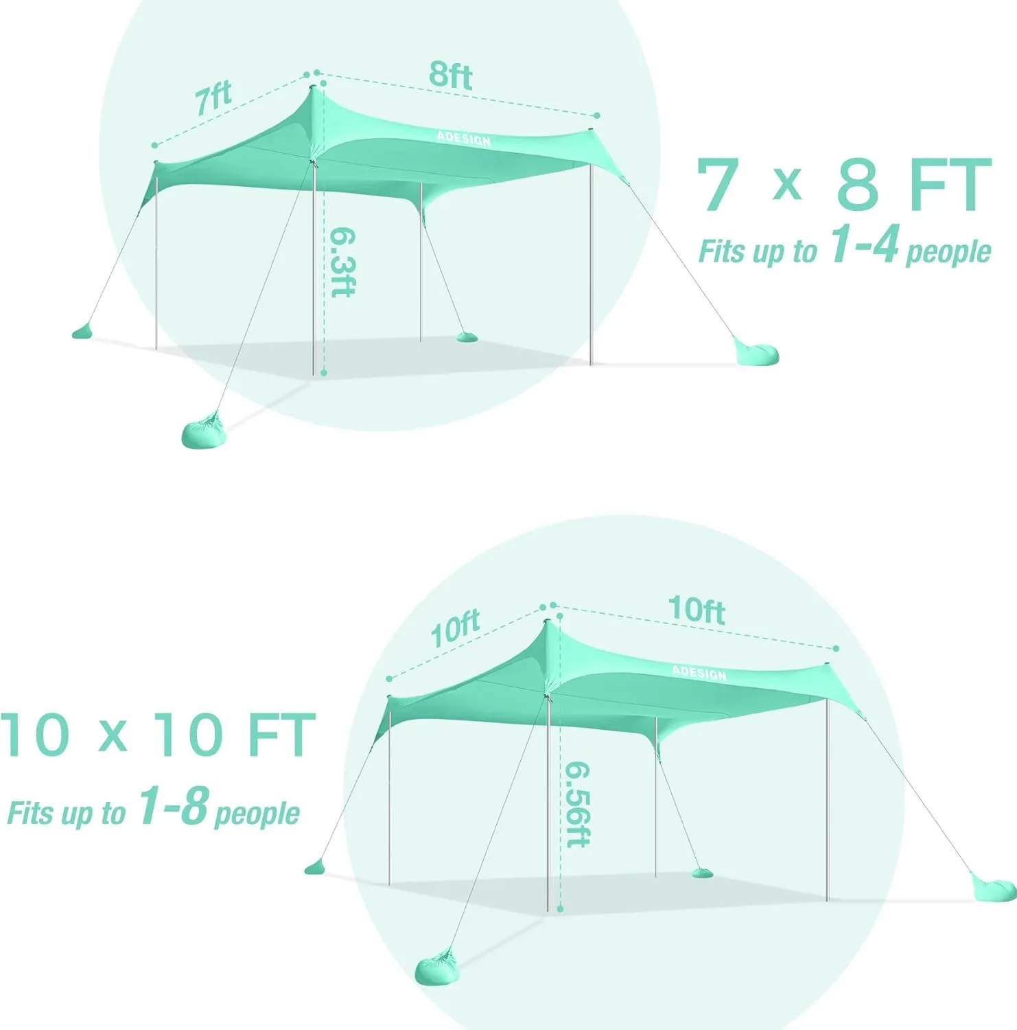 ADesign Windproof Beach Tent Sun Shelter with 8 Sandbags, Wind Resistant Large Family Beach Canopy with Sand Shovel, UPF50 , 6.5 FT Tall, Easy Setup Sun Shade for Beach Vacation