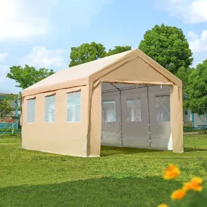 ADVANCE OUTDOOR 10x20 ft Heavy Duty Carport with 6 Roll-up Ventilated Windows & Removable Sidewalls, Beige & White