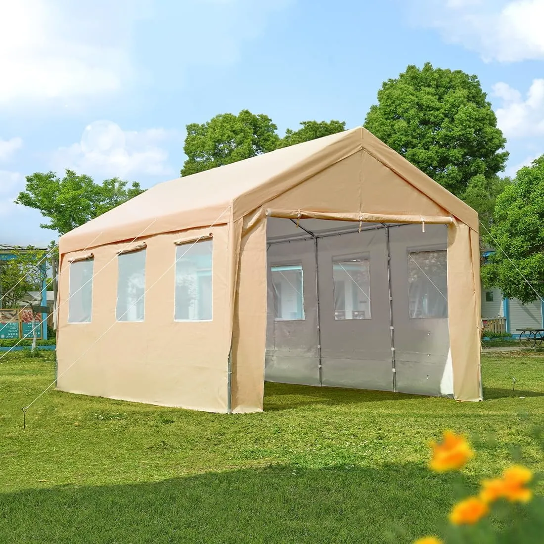 ADVANCE OUTDOOR 10x20 ft Heavy Duty Carport with 6 Roll-up Ventilated Windows & Removable Sidewalls, Beige & White