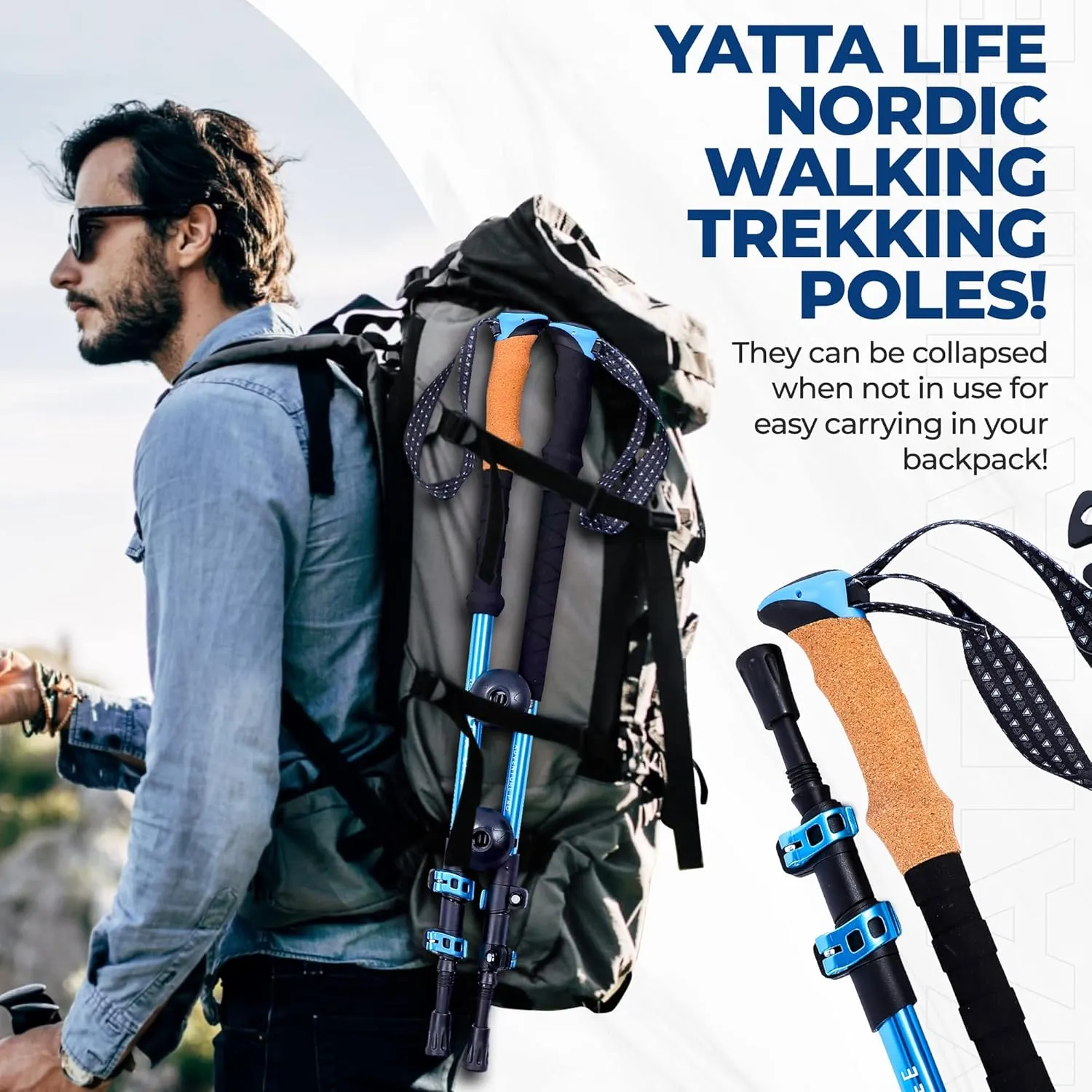 Adventure Pro Trekking Poles for Hiking - Anti Slip Collapsible Walking Sticks for Travel with Cork and Eva Grip, Lightweight Hiking Poles for Men and Women, 2 Sticks in 1PACK