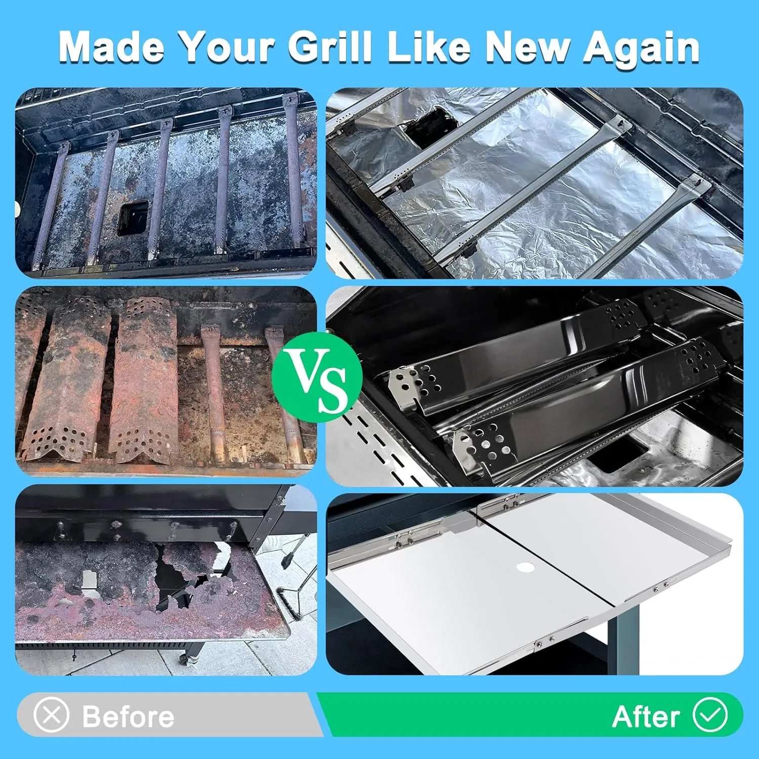 Adviace Replacement Parts for Nexgrill 720-0830H 720-0783E 720-0783EH, Grill Heat Plates & Burner Tubes & Igniter & Drip Pan Grease Tray for Home Depot Nexgrill 4 Burner 720-0830H